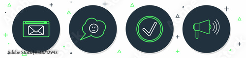Set line Speech bubble with angry smile, Check mark in circle, Mail and e-mail and Megaphone icon. Vector