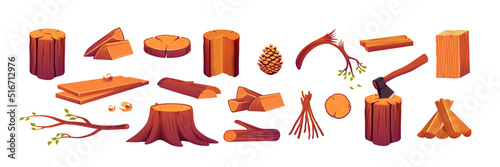 Set of woods, wooden logs, round slices, axe in stump, tree branch, cut trunk and pine cone isolated design elements. Circular log pieces, manufactured planks, campfire, Cartoon vector illustration