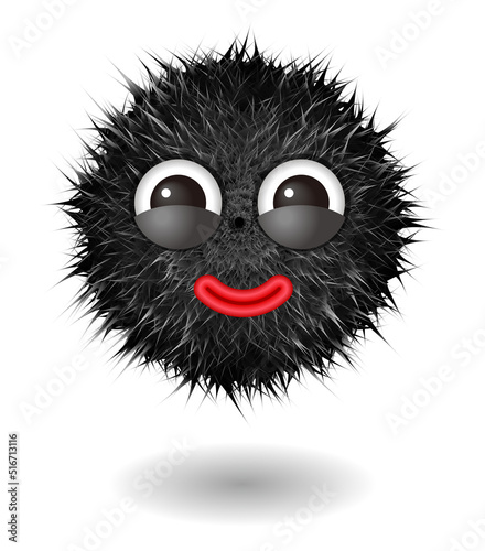 Hairy monster with black fluffy hair. Vector cute furry ball character.