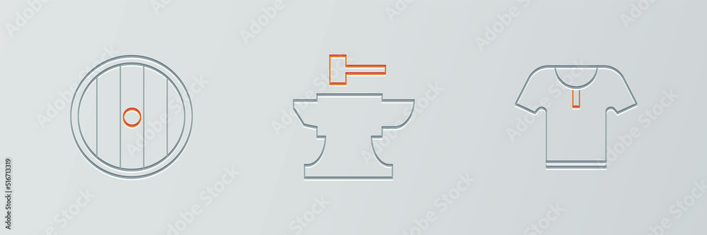 Set line Body armor, Round wooden shield and Anvil for blacksmithing hammer icon. Vector Set line Body armor, Round wooden shield and Anvil for blacksmithing hammer icon. Vector