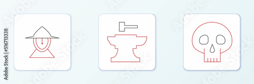 Set line Skull, Medieval iron helmet and Anvil for blacksmithing hammer icon. Vector