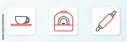 Set line Rolling pin, Coffee cup and Oven icon. Vector