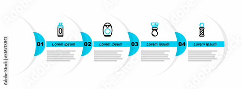 Set line Classic Barber shop pole, Shaving brush, Bottle of shampoo and gel foam icon. Vector