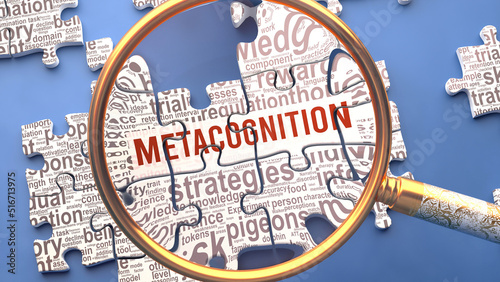 Metacognition as a complex and multipart topic under close inspection. Complexity shown as matching puzzle pieces defining dozens of vital ideas and concepts about Metacognition,3d illustration photo