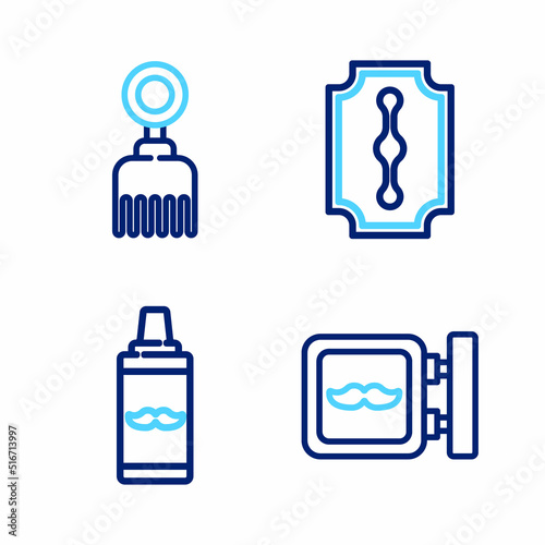 Set line Barbershop, Shaving gel foam, Blade razor and Hairbrush icon. Vector