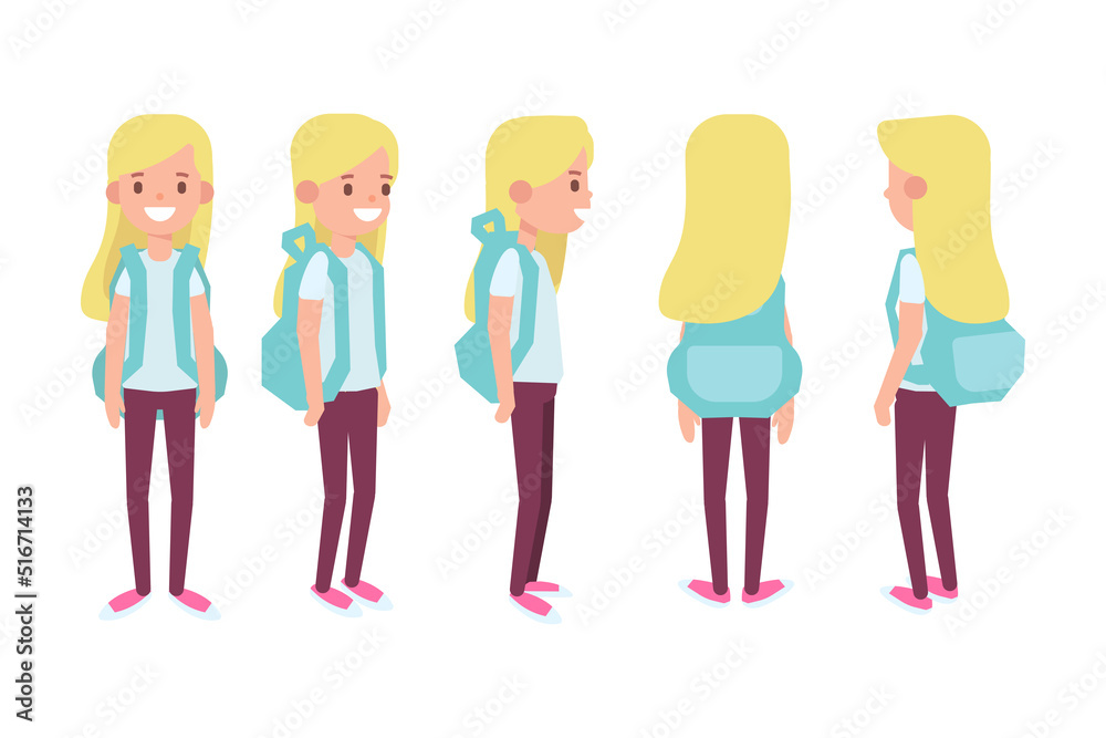 Girl, Woman front, side, back view flat vector character for animation. Separate body parts. Girl, Woman front, side, back view flat vector character for animation. Separate body parts.