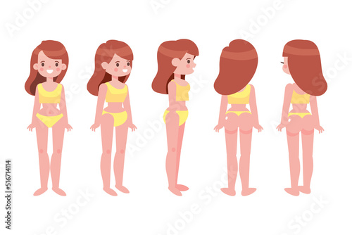 Girl in swimsuit front, side, back, 3-4 view flat vector character for animation. Separate body parts.