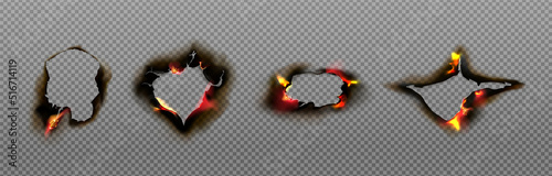 Burn paper holes and borders, burnt page with smoldering fire on charred uneven edges, parchment sheets in flame. Burned frames isolated on transparent background. Realistic 3d vector illustration set