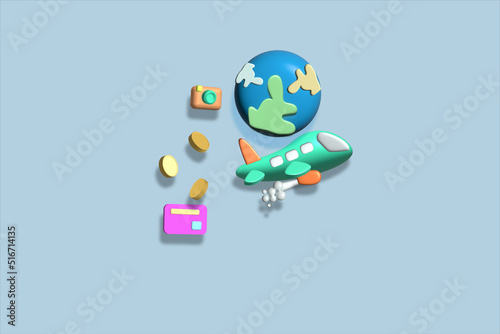 3d renderillustration A single credit card spending concept to pay for travel around the world. photo