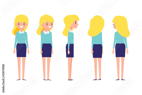 Girl, Woman front, side, back view flat vector character for animation. Separate body parts.