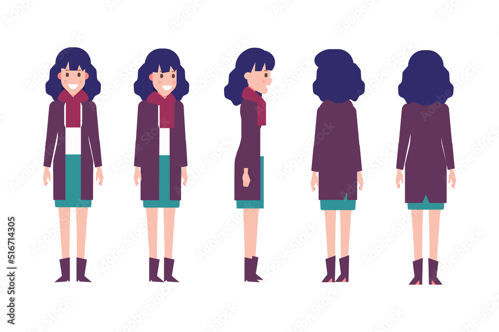 Girl, Woman front, side, back view flat vector character for animation. Separate body parts. Girl, Woman front, side, back view flat vector character for animation. Separate body parts.