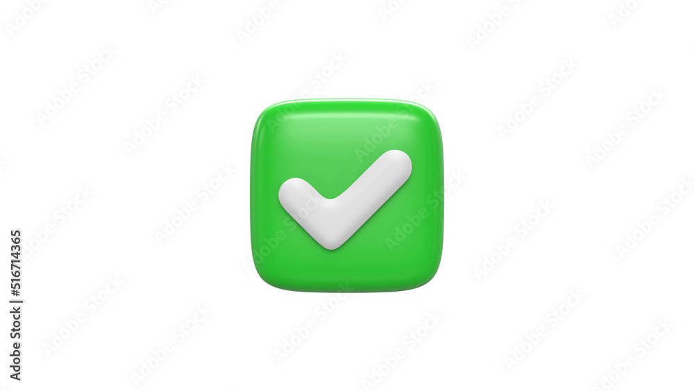 Icon Yes or correct or sign. Check Interface button isolated on white. 3d render. Icon Yes or correct or sign. Check Interface button isolated on white. 3d render.