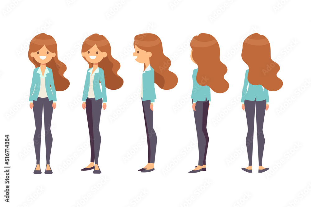 Fototapeta premium Girl, Woman front, side, back view flat vector character for animation. Separate body parts.