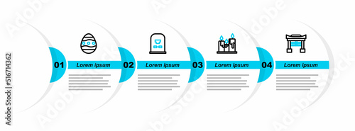 Set line Japan Gate, Burning candles, Tombstone with RIP written and Easter egg icon. Vector
