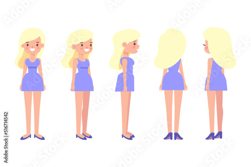 Girl, Woman front, side, back, 3-4 view flat vector character for animation. Separate body parts.