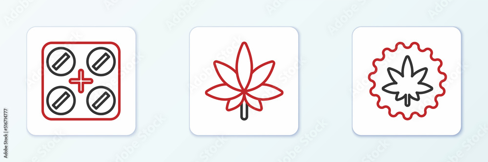 Set line Marijuana or cannabis leaf, Medical pills with marijuana and icon. Vector Set line Marijuana or cannabis leaf, Medical pills with marijuana and icon. Vector