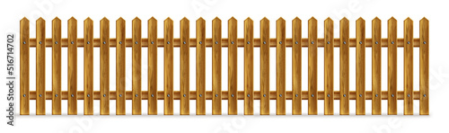Wooden fence, palisade, stockade or balustrade with pickets. Brown banister or fencing sections with paling. Wood garden border balusters isolated elements, Realistic 3d vector illustration