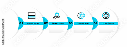 Set line Ashtray, Herbal ecstasy tablets, Marijuana or cannabis leaf and Rolling paper icon. Vector