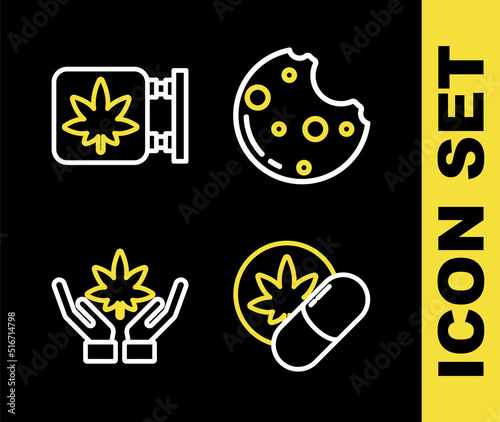 Set line Cookies with marijuana, Herbal ecstasy tablets, Marijuana or cannabis leaf and and store icon. Vector