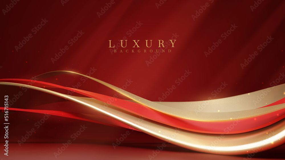 Red luxury background with golden curve decoration with glitter light ...