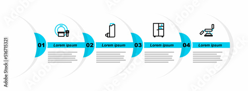 Set line Medical dental chair, Medicine cabinet, Inhaler and Tomography icon. Vector