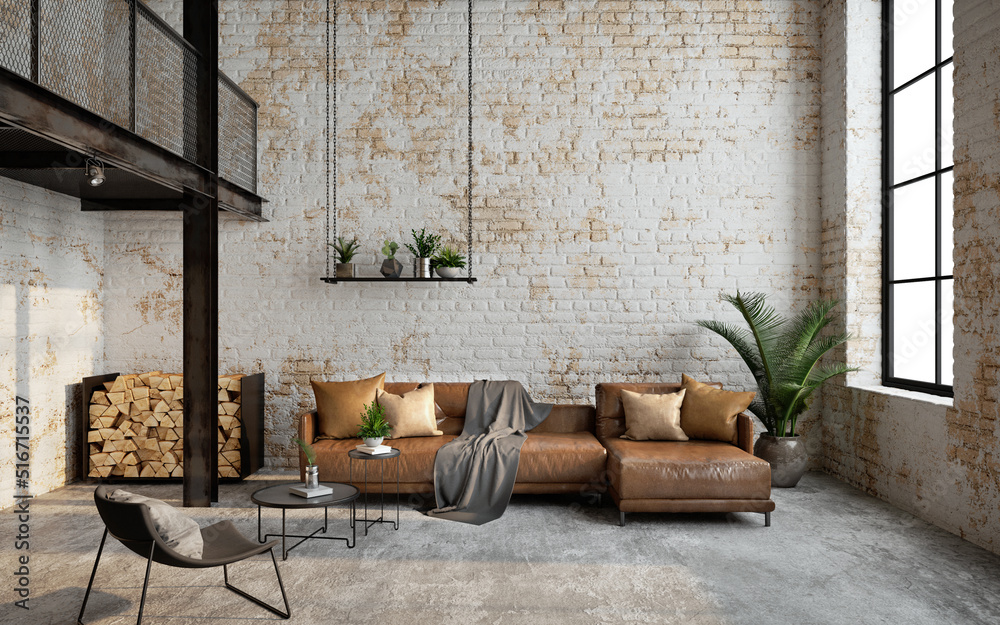 Industrial loft living room interior with sofa,chair and brick wall.3d  rendering ilustración de Stock | Adobe Stock