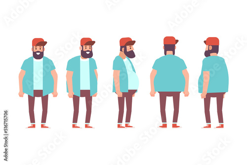 Man, male, guy  front, side, back view flat vector character for animation.
