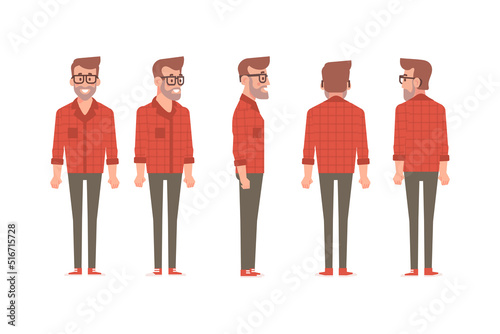 Man, male, guy  front, side, back view flat vector character for animation.