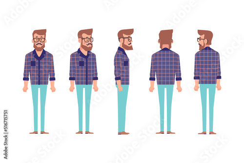 Man, male, guy  front, side, back view flat vector character for animation.