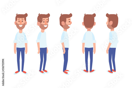 Man, male, guy  front, side, back view flat vector character for animation.