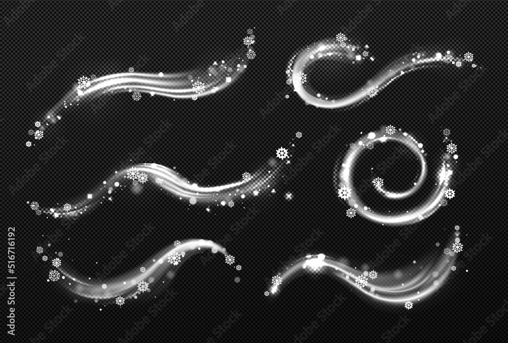 Winter wind effect with swirls and waves of white mist clouds with snow. Vector realistic set of blizzard, frost blowing air with snowflakes isolated on transparent background