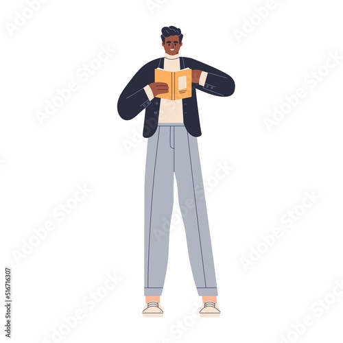 Black man holding open book, reading, finding information. Happy student guy standing with academic literature in hands. Reader with textbook. Flat vector illustration isolated on white background