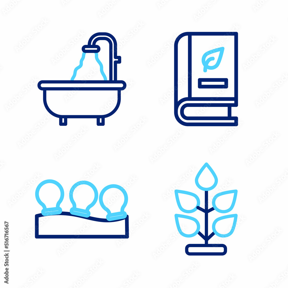 Set line Plant, Vacuum cans, Medical book and Bathtub icon. Vector Set line Plant, Vacuum cans, Medical book and Bathtub icon. Vector
