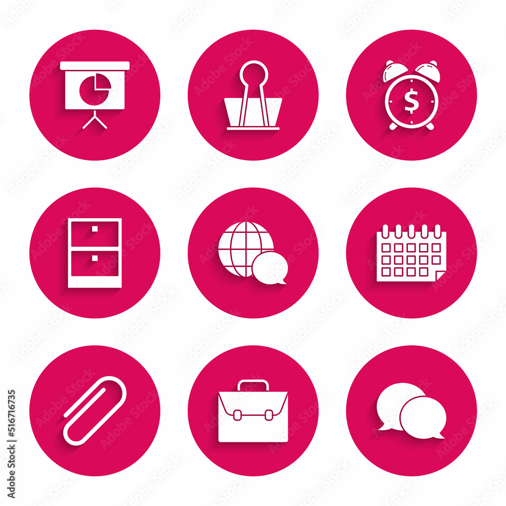 Set World map made from speech bubble, Archive papers drawer, Alarm clock with dollar symbol and Presentation financial board graph, schedule, chart, diagram, infographic, pie graph icon. Vector Set World map made from speech bubble, Archive papers drawer, Alarm clock with dollar symbol and Presentation financial board graph, schedule, chart, diagram, infographic, pie graph icon. Vector