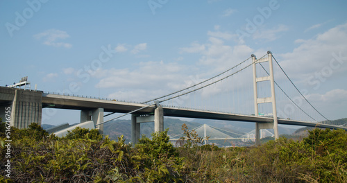 Tsing Ma Suspension bridge in Hong Kong city © leungchopan