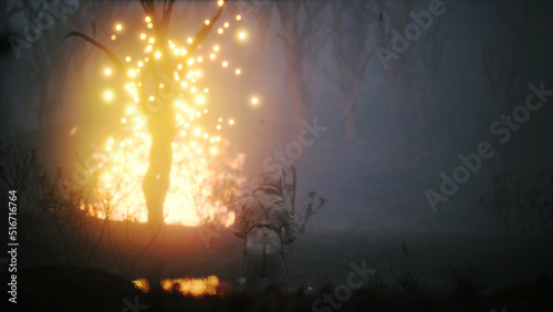 Astronaut Accident and Burning Forest 3D Illustration 