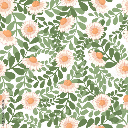 Seamless botanical ornament pattern with autumn red daisies in pastel colors isolated on white background with green foliage in flat cartoon style