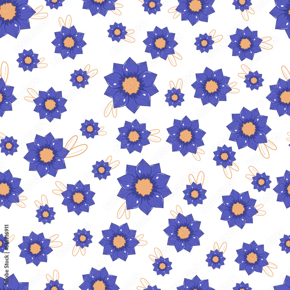 Seamless pattern with autumn blue abstract flowers in warm colors and yellow leaves isolated on white background in flat cartoon style