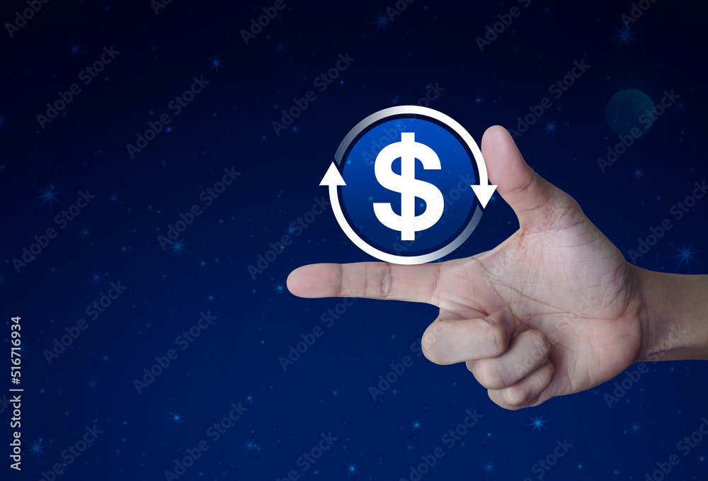 Money transfer flat icon on finger over fantasy night sky and moon, Business currency exchange service concept Money transfer flat icon on finger over fantasy night sky and moon, Business currency exchange service concept
