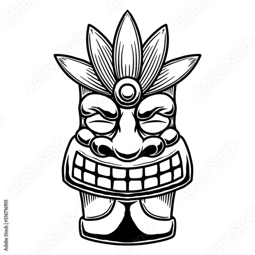 Illustration of tiki idol in monochrome style. Design element for poster, card, banner, emblem, sign. Vector illustration