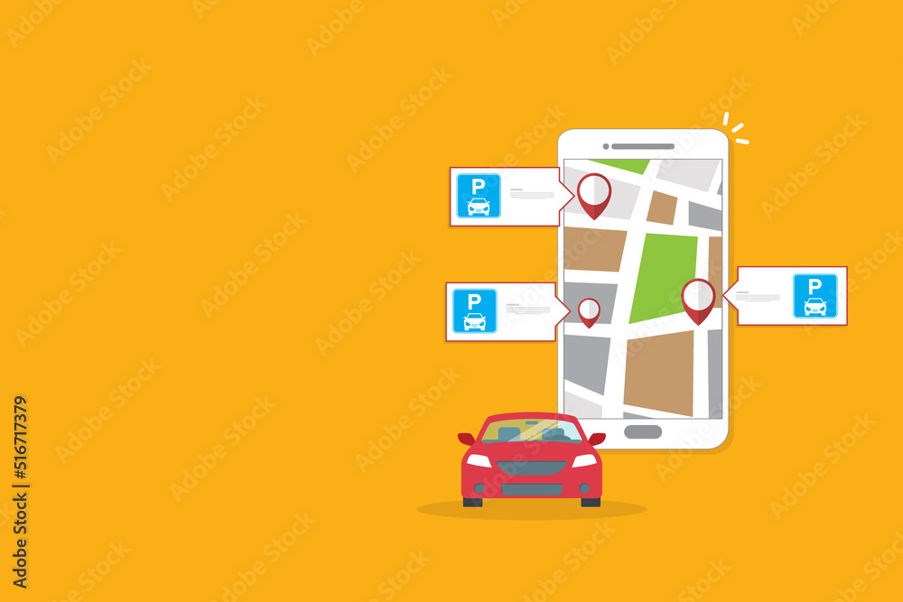 Online application for finding parking spaces, city parking. Smart city parking mobile app concept. Urban traffic technology, vector illustration. Online application for finding parking spaces, city parking. Smart city parking mobile app concept. Urban traffic technology, vector illustration.