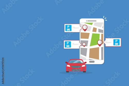 Online application for finding parking spaces, city parking. Smart city parking mobile app concept. Urban traffic technology, vector illustration.	