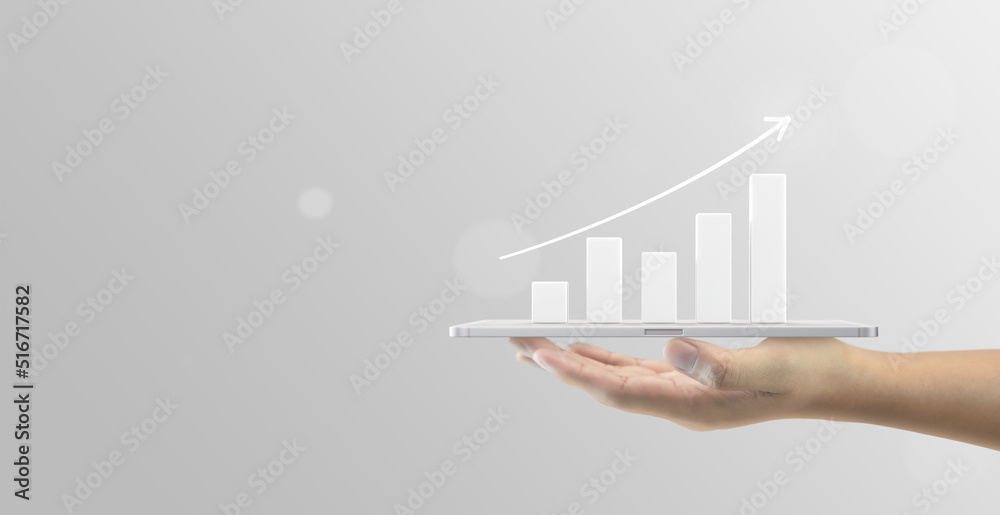 Growth arrow business graph on white success finance 3d background with investment financial profit market chart diagram data or digital report analysis marketing and economic professional strategy. - obrazy, fototapety, plakaty 