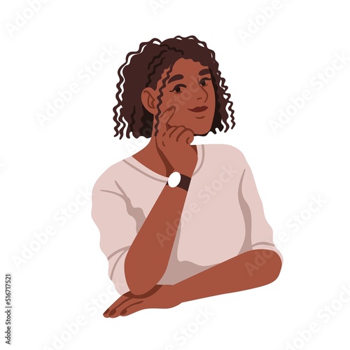 Black woman portrait with Afro curls, bob cut hairstyle. Young pretty girl with curly, kinky frizzy hair styling. Female face with African hairdo. Flat vector illustration isolated on white background
