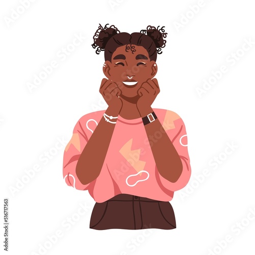 Woman portrait with Afro curls hair buns. Young African girl with curly kinky frizzy styling. Happy female face with wavy hairstyle. Flat graphic vector illustration isolated on white background