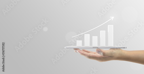 Growth arrow business graph on white success finance 3d background with investment financial profit market chart diagram data or digital report analysis marketing and economic professional strategy.