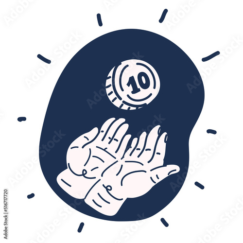 Vector illustration of hands holding coin. Black and white concept