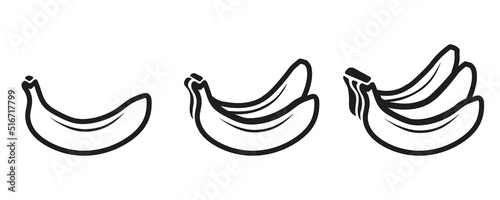 Fototapeta Naklejka Na Ścianę i Meble -  Vector Set of fruits  - a banana, couple of bananas, a bunch of bananas - black artworks on white background  images. Illustration isolated, easy to edit and ready to use icons. A vector collection
