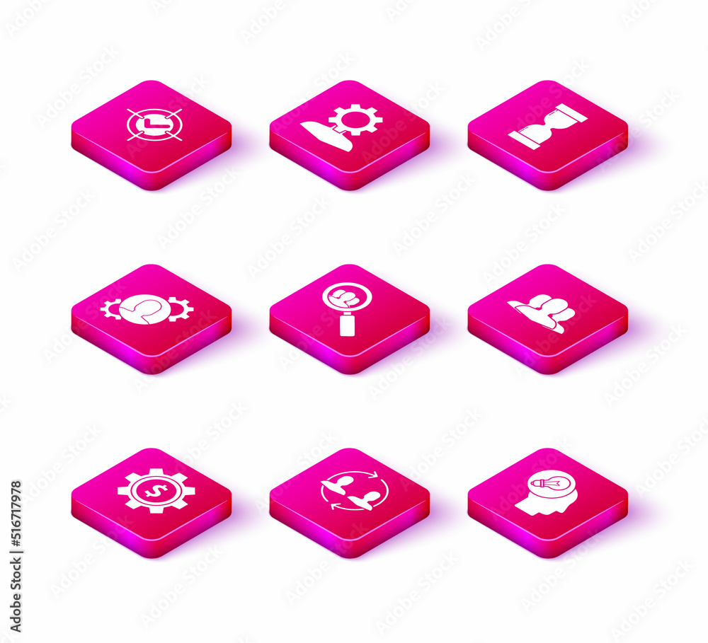 Set Gear with dollar symbol, Human resources, gear inside, Magnifying glass for search people, head lamp bulb, Users group, Old hourglass flowing sand and icon. Vector Set Gear with dollar symbol, Human resources, gear inside, Magnifying glass for search people, head lamp bulb, Users group, Old hourglass flowing sand and icon. Vector