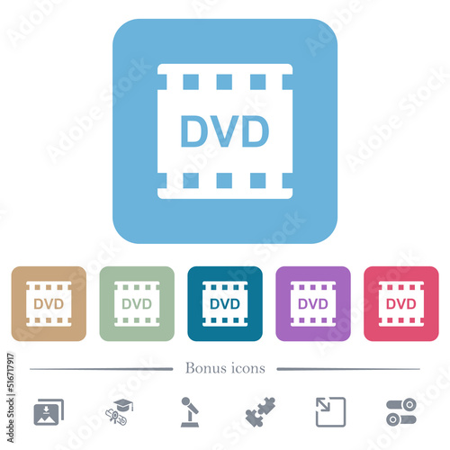 DVD movie format flat icons on color rounded square backgrounds